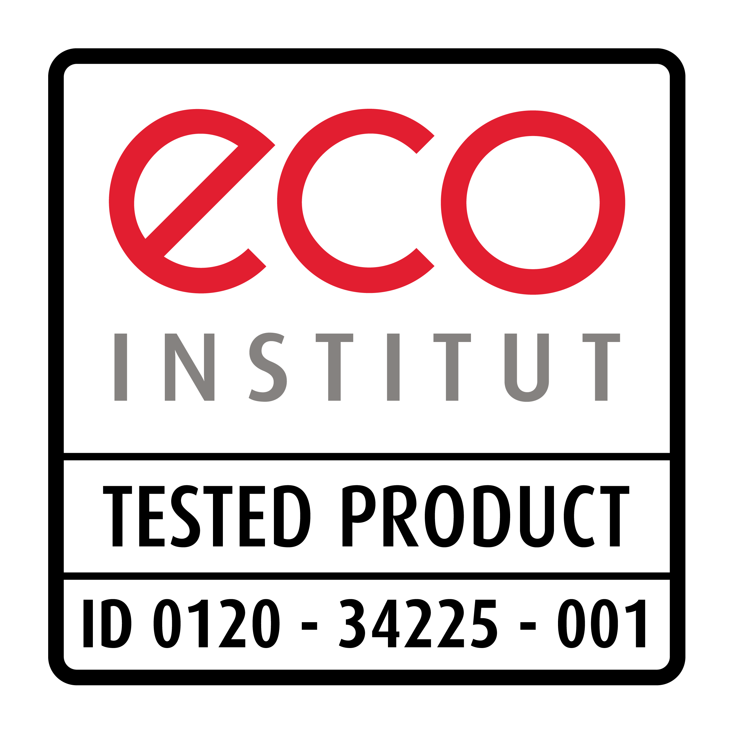 Eco-Institut badge for tested product ID 0120-34225-001